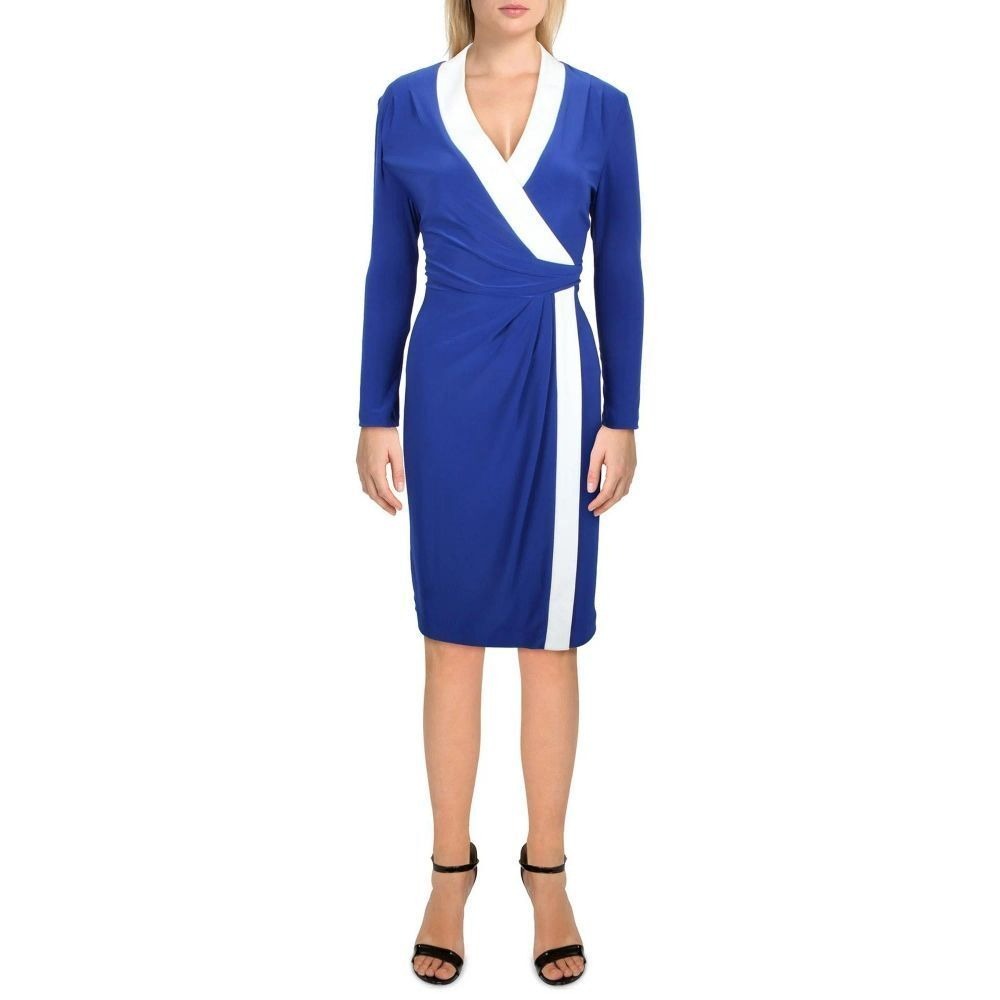 Kasper Wrap Dress Womens‎ Small Royal Blue White Contrast Sheath Midi Casual NWT
